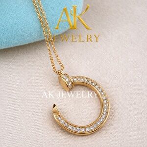 💎18k LUXURY NAIL Necklace Round Screw Pave Stones Gold Plated, 18” Chain